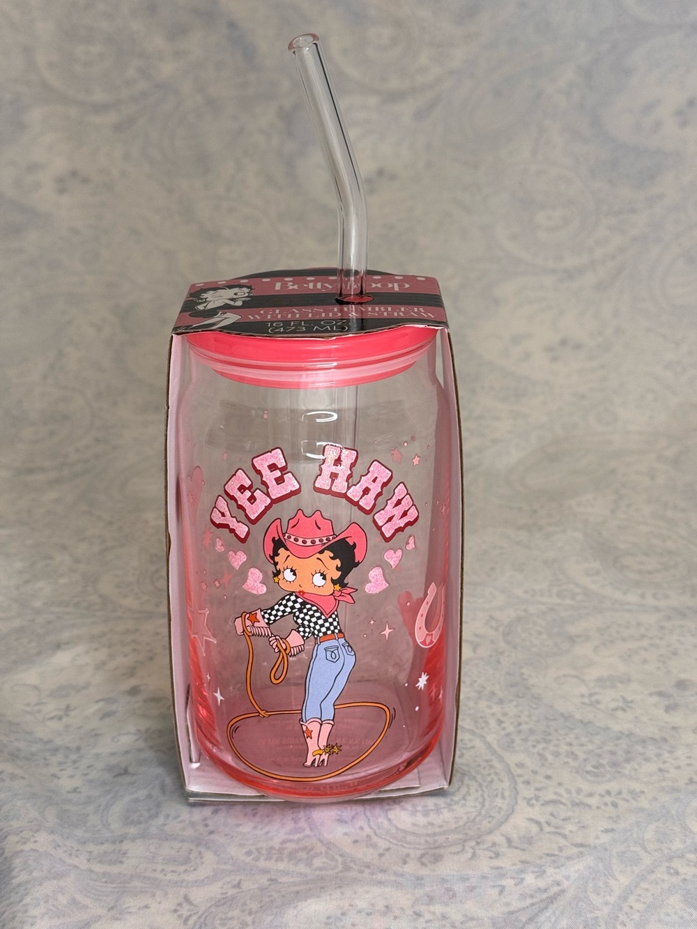 Betty Boop 'Yee Haw' Pink Glass Cowboy Tumbler with Plastic Top & Glass Straw